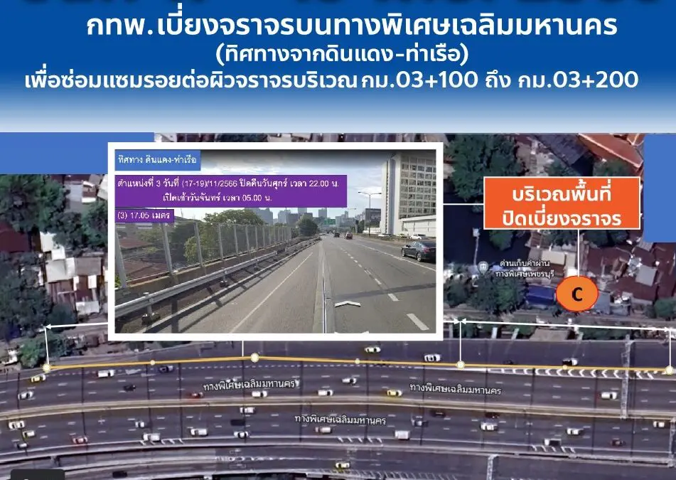 กทพ. ปิดเบี่ยงจราจรบนทางพิเศษเฉลิมมหานคร (ทิศทางมุ่งหน้าจากดินแดง – ท่าเรือ) เพื่อซ่อมแซมรอยต่อผิวจราจรช่วง กม.03+100 ถึง กม.03+200