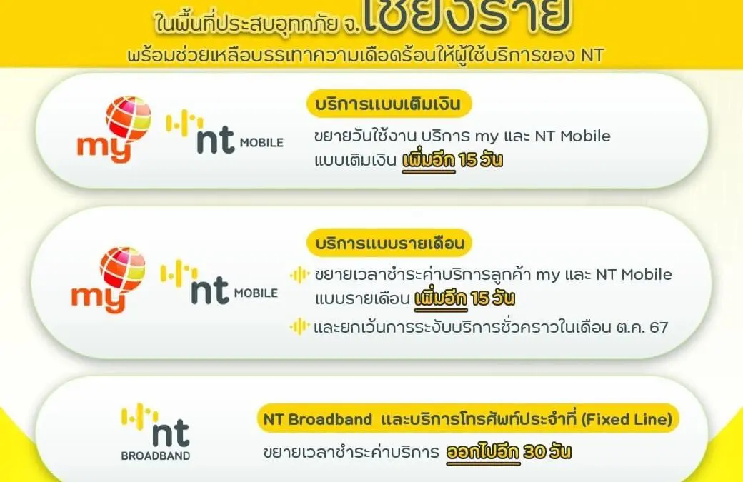 NT พร้อมเฝ้าระวังระบบสื่อสารโทรคมนาคม ตลอด 24 ชม.ในพื้นที่ประสบอุทกภัย จ.เชียงราย 