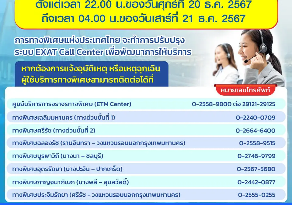 กทพ. แจ้งปิดการให้บริการของระบบโทรศัพท์ EXAT Call Center 1543 ชั่วคราว ตั้งแต่เวลา 22.00 น.ของวันศุกร์ที่ 20 ธ.ค. 2567 ถึงเวลา 04.00 น.ของวันเสาร์ที่ 21 ธ.ค. 2567 